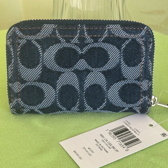 COACH SIGNATURE DENIM SMALL ZIP-AROUND CARD CASE:NWT DEEP BLUE. CAT62 - Picture 3 of 12